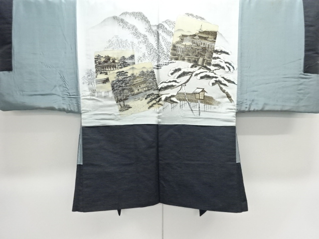 JAPANESE KIMONO / ANTIQUE MENS HAORI / SILK / TSUMUGI / FAMOUS PLACE IN KYOTO (lining)